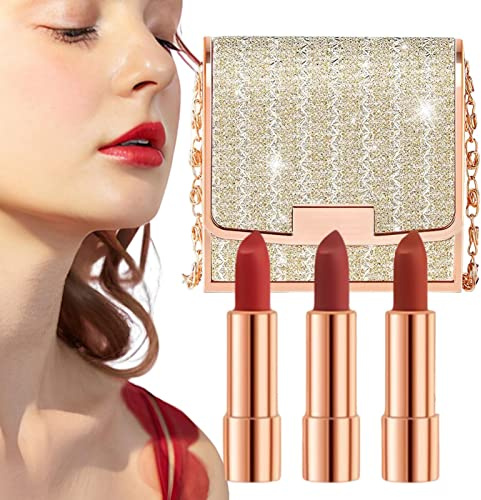 Lápiz labial larga duración,Kit maquillaje lápiz labial desnudo 3 colores con bolsa cadena - Barras labios terciopelo impermeables larga duración, juegos Rianpesn