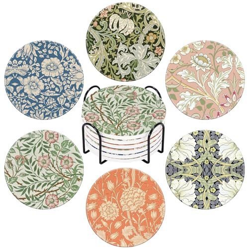 6Pcs William Morris Floral Ceramic Coaster Plant Flower Absorbent Drink Coaster with Cork Base and Metal Holder for Coffee Table Room Bar Home Decor Housewarming Gifts