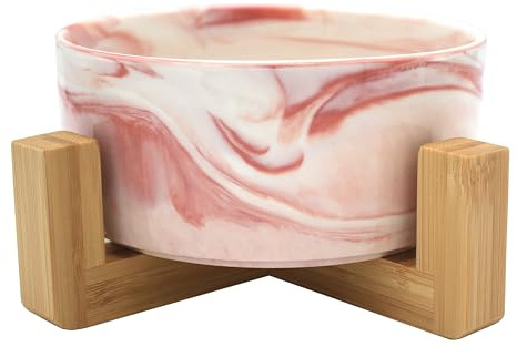 Bol en céramique avec Support en Bambou pour Chiens et Chats, Bol surélevé pour Une Position Confortable Tout en Mangeant et en Buvant, capacité de 850 ML (Rose marbre)