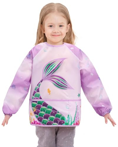 WERNNSAI Bata Infantil Sirena - Bata Artística Infantil para Niñas Edades 3-8 Batas de Artista de Pintura de Sirena Batas Impermeables para Niños Pequeños con Manga Larga Y 3 Bolsillos