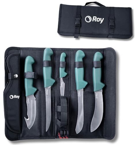Roy Zerwirkset Jagdmesser - 6-teiliges Metzgermesser Set mit Jagdmesser, Ausbeinmesser, Abhutungsmesser, Metzgermesser und Messerschärfer, Leichtes Kompaktes Aufbrechmesser Set
