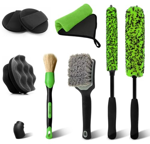 YeewayVeh 8PCS Wheel Brush Kit, Bendable Wheel Rim Cleaner Brush for All Wheel Spokes, Wheel Cleaning Brush Kit with Tire Brush, Rim brush, Car Detailing Brush and Tire Shine Applicator, Green