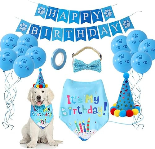 KFDDRN Hund-Geburtstags-Set, Hundegeburtstag Partyzubehör, Hund Geburtstag Hut, Hundehalstuch, Geburtstagsparty für Welpe Katze Haustiere (8 Stück Set)