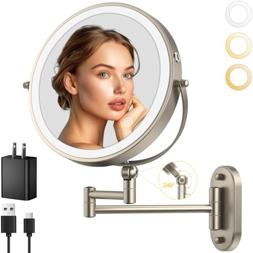 IMIKONA 9 Wall Mounted Lighted Makeup Mirror,4000mAh Rechargeable Double Sided 1X/10X Magnifying Mirror with Light,3 Color Lights,Touch Dimmable,Extended Arm 360 Rotation Wall Mounted Makeup Mirror