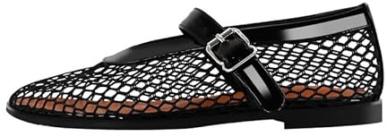 VERISSON Ballerines plates à lanières pour femme avec boucle en résille, Noir , 39 EU