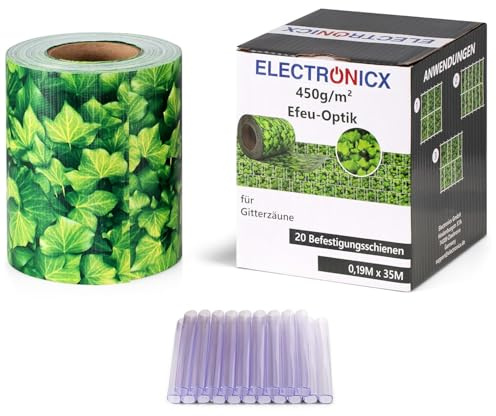 Electronicx PVC Sichtschutzstreifen für Gartenzaun - Efeu, 35m x 19cm, Hochwertige 450g/m² UV-beständige Sichtschutzmatten, Außenbereich Sichtschutz mit 20 Clips
