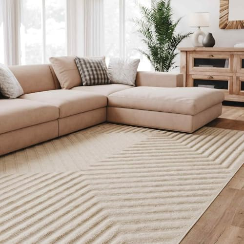 Interiyou Alfombra Salon Pelo Corto Lecce - 160x230 cm Crema - Diseño Boho escandinavo con Efecto 3D de Relieve - Plana con patrón geométrico