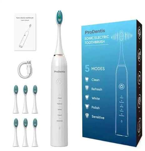ProDentis Electric Toothbrush, Adult Sonic Toothbrush, IPX7 Waterproof, 6 Brush Heads, 5 Cleaning Modes with Teeth Whitening, Electric Tooth Brush 4 Hours Charge Last 30 Days, Home Travel use