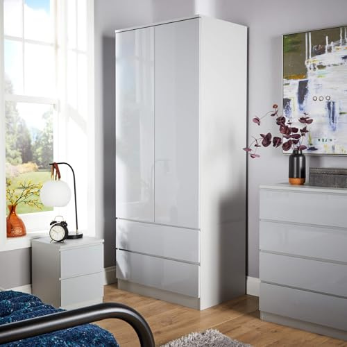 Home Source 2 Door Wardrobe, High Gloss Front Spacious Closet Organiser, Bedroom Dresser Storage Cabinet, 2 Drawer, Grey