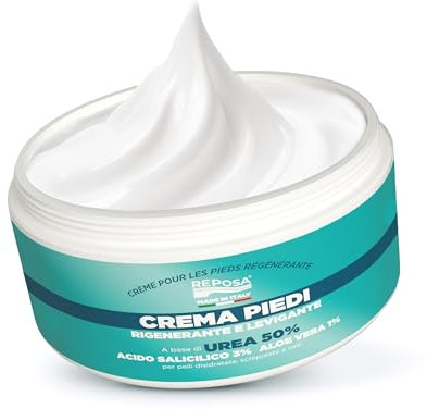 REPOSA - Nuova Versione Crema Piedi Secchi Screpolati Calli e Duroni, Crema Urea Rigenerante Levigante con Acido Salicilico e Aloe Vera, Idratazione Talloni e Pelli Disidratate - Made in Italy, 150 ml