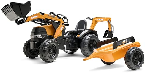 FALK 997Y - Tractoexcavadora de Pedales Case CE con Excavadora y Remolque, Color Naranja - Fabricado en Francia - Pala Frontal y Excavadora articulada - Asiento Giratorio - a Partir de 3 años