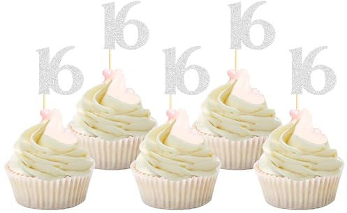 Sotpot 16th Birthday Cupcake Toppers Silver Glitter 30 Pack Happy Birthday Cupcake Decorations for 16th Birthday Party Supplies