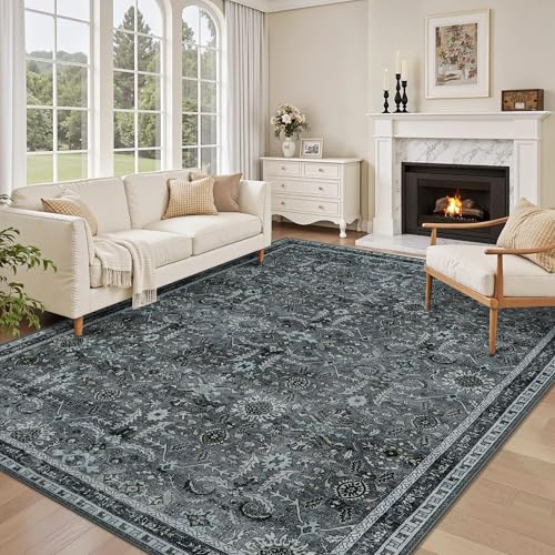 IMIYOKU Rugs Living Room 120x170cm, Machine Washable Rug Vintage Boho Grey Carpet, Non Slip Soft Low Pile Area Rugs for Bedroom Dining Room Office Lounge