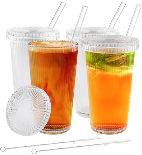 Vexillic Vasos Cristal Ondulado, 4 Piezas 375 ML Tazas de Vidrio de Burbuja, Vintage Transparente Juego de Vasos con Pajita y Cepillo para Agua Café Cóctel Soda