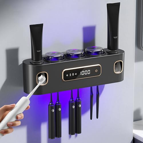 UV Zahnbürstenhalter Sterilisator, Elektrische Zahnbürstenhalter mit Trocknungsfunktion, Multifunktionaler Zahnbürstenhalter mit 2 Zahnpastaspender für Kinder und Erwachsene (Grau)