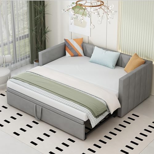 RIAZOS Polsterbett Ausziehbares Schlafsofa 90/180 x 200 cm, Einzelbett/Doppelbett, Daybett Tagesbett Gästebett Bettsofa, Samt, ohne Matratze, Hellgrau