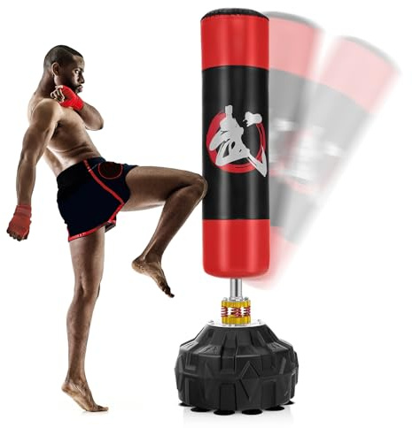 GOPLUS 178CM Sac de Frappe Adultes sur Pied, Sac de Boxe avec Base à 12 Ventouses, Amortisseur de Chocs, Punching Ball Karaté Entraînement de Boxe pour Soulager Stress, Musculation, Fitness