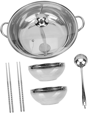 Alipis Doppelter Edelstahl Hot Pot Mit Trennwand Und Griffen Hitzebeständig Rostfrei Antihaftbeschichtet Induktionsherd Geeignet Inklusive Schalen Löffel Und Essstäbchen