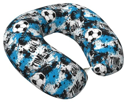 Cuscino cervicale da viaggio con stampa di palloni da calcio blu e nero, cuscino per il collo in memory foam per viaggiare/dormire, accessori essenziali da viaggio per donne e uomini