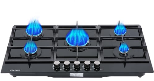 Placa de Gas 5 Fuegos,Placa de Gas Butano y Natural, Cristal Negro, Parrillas Completas Hierro Fundido, WOK Triple Corona, Encendido Eléctrico, Sistema Seguridad