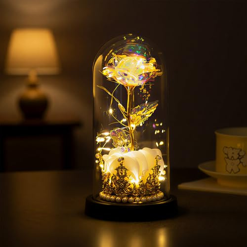 HEINexoria Eternal Rose Gift - Artificial Rose in Plastic Dome, Golden Crown Base, Warm LED Light, Perfect for Women, Birthdays, Valentine's Day, Anniversaries, Home Decor (Pink)