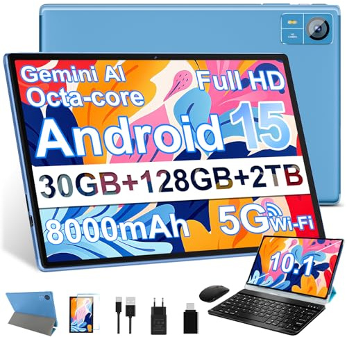 2026 Tablette Android 15 30Go RAM+128Go + TF 2To 10 .1Pouces,avec Gemini AI,Octo-Core, 8000mAh, Corps intégré en métal, 5MP+8MP, WiFi 5G& BT 5.0, Widevine L1 - Tablet Avec Clavier et Souris- Bleu