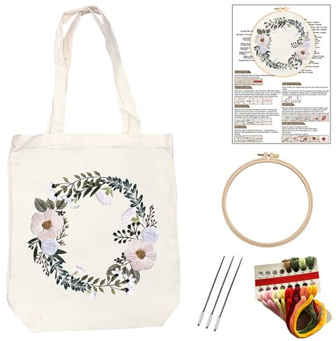 KEKEMEOW Stickerei Set für Leinwand Tasche Handgefertigte Stickerei Tasche Kit mit weißen Blumenkranz Kreuznähte Stickerei Tasche für Erwachsene mit Stickerei Ring, Farbe Fäden und Werkzeug