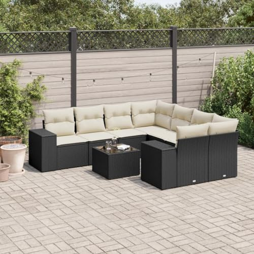QJBSAVVA 9-teiliges Outdoor Lounge-Set Poly-Rattan Schwarz mit cremefarbenen Sitzkissen 55x55 cm Ecksofa Mittelsofa Couchtisch modular für Garten Terrasse Balkon Klein und Groß