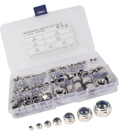 BESTYASH 185 Stück Teiliges Edelstahl Lock Nut Sortiment Feingewinde Rostfrei Selbstsichernde Muttern für Sichere Befestigung und Schwingungsdämpfung bei Innen Außenanwendungen
