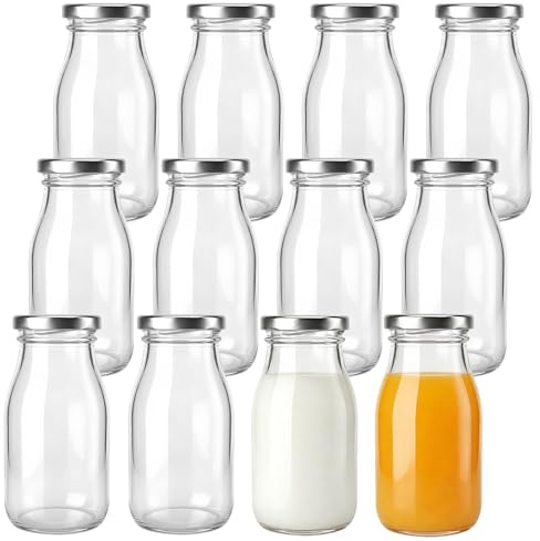 saerryor 12 Pack 200ml Glass Milk Bottles With Lids Glass Juice Bottles | small glass bottles with lids, juices hot bottles 200ml with lids glass, Reusable & Durable, Leakproof, Ginger, Jam, Oils,