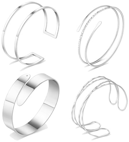 Dermalyx 4 Pezzi Braccialetto, Regolabile Fascette Braccio Argento, Gioiello Bracciale da Braccio, Set Braccialetti Boho, Fascia Braccio Impermeabile
