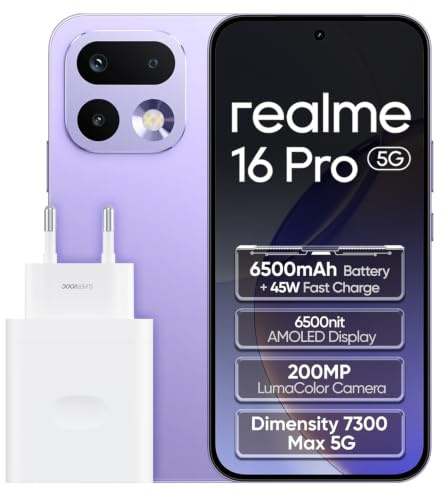 realme 16 Pro 5G Smartphone 8GB+256GB, Purple | Batteria 6500mAh, Ricarica Rapida 80W, Display AMOLED 6,78 pollici, 144Hz, Fotocamera 200MP, Dimensity 7300 Max, IP69