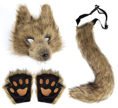 Wolf Masken Set mit Schwanz & Pfotene – 3-teiliges Cosplay Kostüm Zubehör für Damen – Halloween & Karneval Wolfsmaske & Fuchsschwanz – Kunstleder Maskenball Party Deko & Geschenk für Mädchen