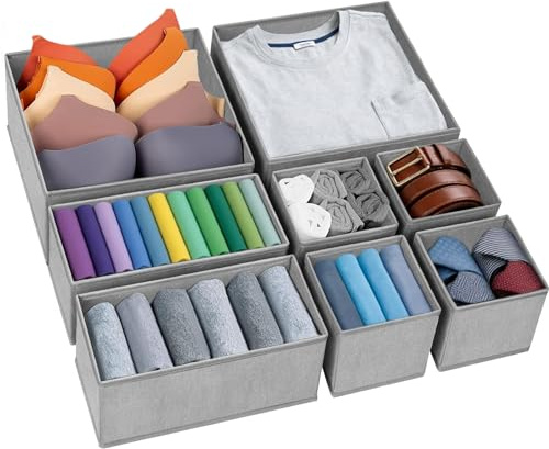 Schubladen Organizer, 8er Set Kleiderschrank Unterwäsche Organizer | Faltbare Aufbewahrungsbox Stoffboxen Aufbewahrung für Babykleidung, Socken, Krawatten, BHs, Grau