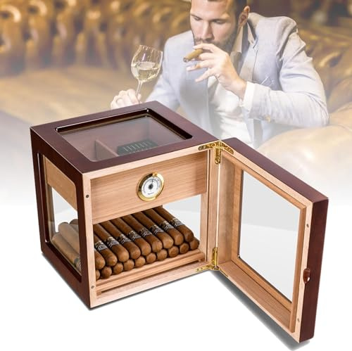Humidor Puros Caja Humidificadora Grande Con Higrómetro Digital + Humidificador, Caja Humidificadora De Madera Con Cajón De 2 Capas For Regalos, Capacidad For Hasta 100 Puros