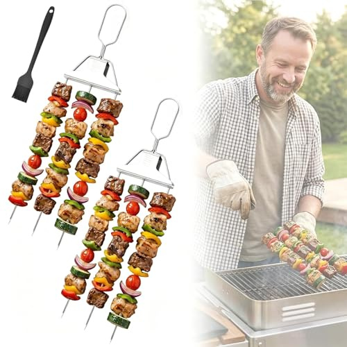 3-Wege-Grillspieß-Set aus Metall, Edelstahl-Schaschlikstäbchen mit Schiebestange, wiederverwendbare Kabob-Spieße, Outdoor-Grillzubehör für Fleisch, Gemüse, Huhn (2 Stück)