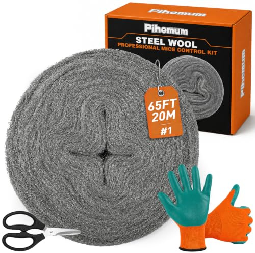 Rollo de lana de acero contra ratones – Rollo de 20 m # 1 grueso, 6,5 cm de ancho, relleno de orificios para ratones, grado #1 para ratones, consejos y control de varillas (incluye guantes y tijeras