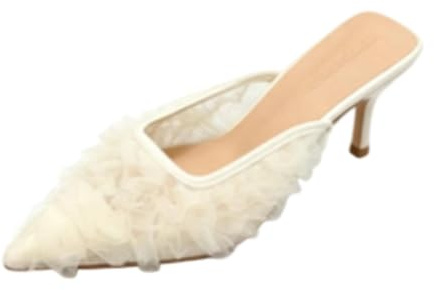 Genérico Zapatos De Tacón De Gatito para Mujer Volantes De Tul Punta Afilada Mules