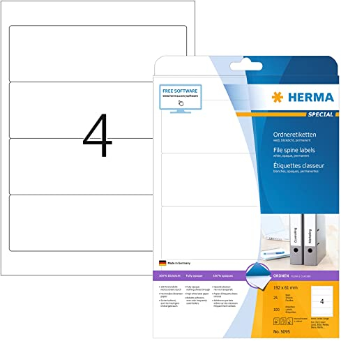 HERMA 5095 Ordnerrücken Etiketten kurz breit, 25 Blatt, 192 x 61 mm, 4 pro A4 Bogen, 100 Stück, selbstklebend, bedruckbar, blickdicht, blanko Papier Ordneretiketten Rückenschilder Aufkleber, weiß