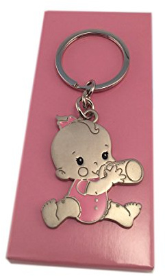 Curia Grabador Llaveros Personalizados para Bautizo - Llavero con Forma de Bebe Grabado con Nombre y Fecha - Babyshower - Llaveros para cumpleaños - Modelo biberon Rosa. Pack 10 Unidades