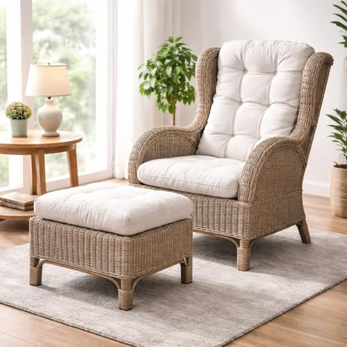 Mojawo Luxus Relaxsessel Korbsessel Ohrensessel mit Fußhocker aus Rattan, inkl. Polster in beige Gartensessel Rattansessel mit Hocker