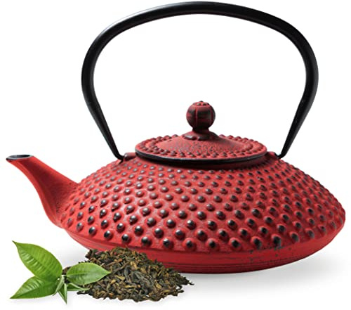 Tealøv Kambin THEIERE FONTE1,25 LITER - Théière en Fonte avec Infuseur - Entièrement émaillée de l'intérieur - Prépare Une Tasse de Thé Parfaite – Design Authentique Japonais à Picots - Rouge