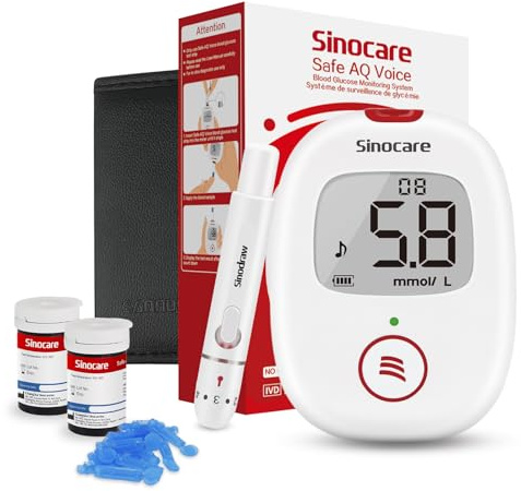 sinocare Diabetes Testing Kit / Blood Glucose Monitor Safe AQ Voice / Glucometer with Voice Reminder and Light Warning, with Blood Sugar Test with Strips x 50 & Case -in mmol/L