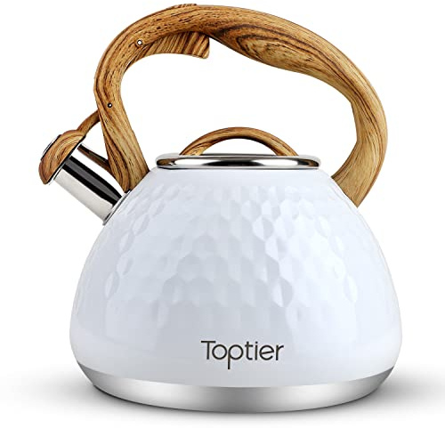 Toptier Teekessel, Pfeifkessel mit Holzmuster-Griff, laute Pfeife, lebensmittelechter Edelstahl, Teekanne für Herde, Induktion, Diamant-Design, Wasserkessel, 2,7 l, Weiß