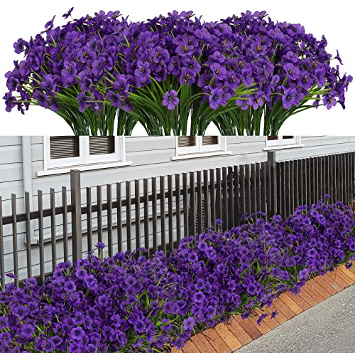 LikSoor 21 Bundles Artificial Outdoor UV Resistant Flowers No Fade Fake Outside Flowers Plastic Greenery Faux Shrubs Garden Porch Window Box Home Decoration(Purple)
