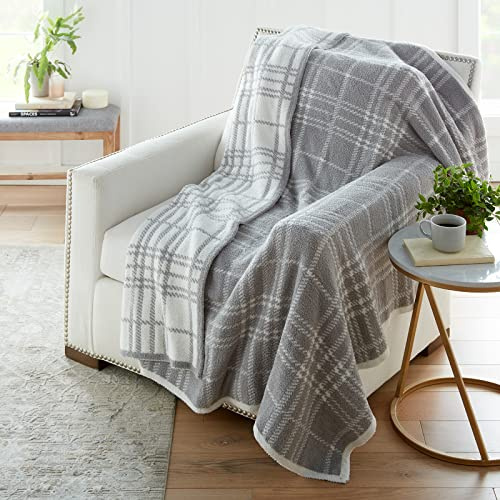 Crafted by Catherine Quinn Plaid Cozy Knit Throw Blanket 60 x 70 Inches, Soft Comfy Decorative Throw for Couch Bed Sofa Travel, Grey