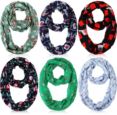 Handepo 6 Pcs Christmas Infinity Scarf Lightweight Holiday Loop Sheer Scarves Sheer Infinity Women's Scarves, Multiple Colors, 6 Designs, Width: about 50 cm/ 19.69 inches