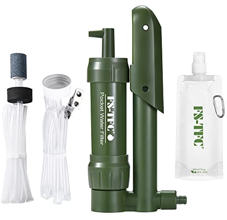 FS-TFC Filtre à eau de poche - Pompe à main - Purificateur d'eau portable - Équipement de survie d'urgence pour boire, randonnée, camping, filtration en plein air