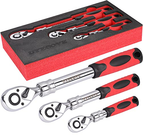 UYECOVE 3-Piece Extendable Ratchet Set, 1/4 3/8 1/2 Inch Extendable Socket Wrench, Ratchet Wrenches Set 72-Tooth Quick-Release, Soft Grip Handle with Storage Tray