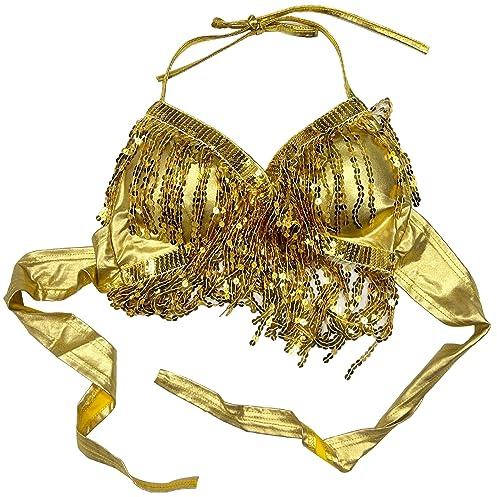 ZUYPSK Reggiseno da donna con paillette, per danza del ventre, con allacciatura al collo, top da ballo, nappa top bikini, yoga, feste, clubwear (oro, taglia unica)
